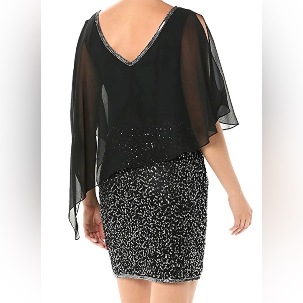 NWT • JKARA Women's Caplet Short Cocktail Beaded Dress • Size 6 • Black/Mercury